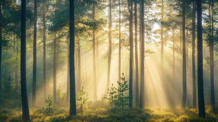 Obraz premium Sunbeams Piercing Through Misty Forest Trees