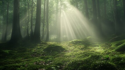 Fototapeta premium Sunlight Beams through a Misty Forest, Illuminating a Carpet of Moss