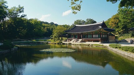 Naklejka premium The historic Changdeokgung Palace's Secret Garden, showcasing stunning landscapes and traditional Korean architecture.