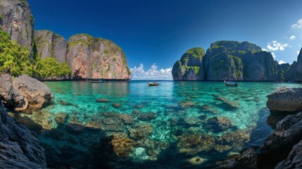 Obraz premium The iconic Maya Bay on Koh Phi Phi, known for its clear waters and towering cliffs.