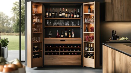 Convertible bar wine cabinet with a smooth oak finish, fold-out shelves, and hidden storage for wine and bar accessories, set in a contemporary kitchen with soft lighting and clean modern lines,