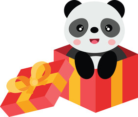Cute panda going out of red gift open