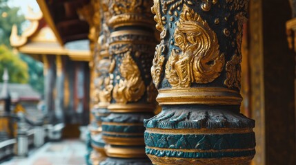Fototapeta premium The intricate carvings and golden details of the pagodas at Wat Phra That Doi Suthep, a must-visit temple in Chiang Mai.