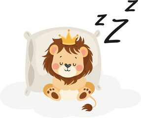 Adorable lion with a crown on his head sleeping