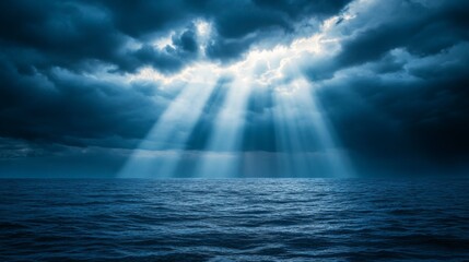 Sunbeams Breaking Through Dark Clouds Over a Deep Blue Sea