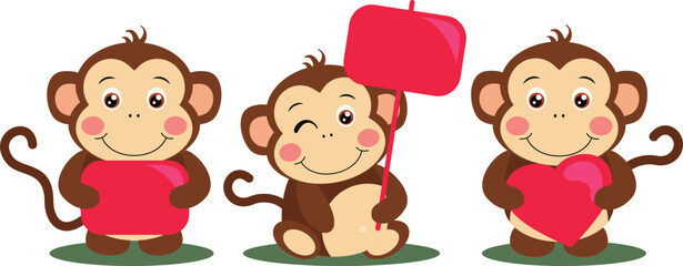 Three funny monkeys holding a red sign boards and heart