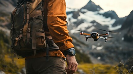 Fototapeta premium A person in outdoor gear stands with a backpack, watching a drone hover in a mountainous landscape.