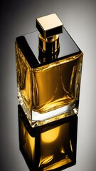 A golden perfume bottle illuminated by a single spotlight, with dramatic shadows and reflections on a glossy black surface