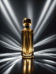 Naklejka premium A golden perfume bottle illuminated by a single spotlight, with dramatic shadows and reflections on a glossy black surface