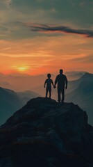Fototapeta premium Silhouette of a father and son holding hands on top of a mountain at sunset, with mountains in the background