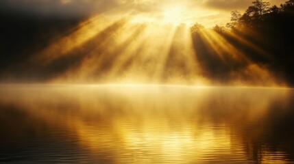 Obraz premium Golden Light Rays Reflecting on a Calm Lake at Sunset