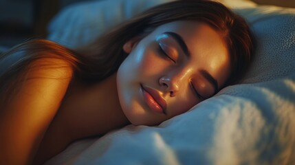 Fototapeta premium A young woman peacefully sleeping in a cozy bedroom at night with soft blue lighting