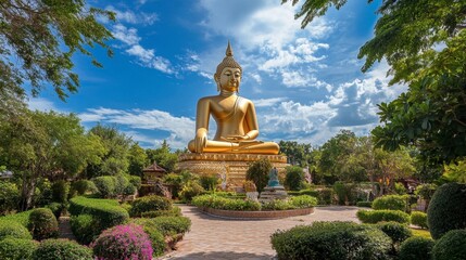 Obraz premium The massive golden Buddha statue at Wat Phrathat Nong Bua, framed by blue skies and lush greenery.