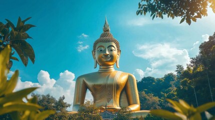 The massive golden Buddha statue at Wat Phrathat Nong Bua, framed by blue skies and lush greenery.