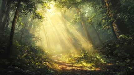 Obraz premium Sunbeams Illuminating a Path Through a Dense Forest