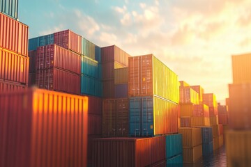 Fototapeta premium Cargo containers stacked high. Illustrate global trade & shipping.
