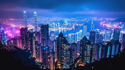 Fototapeta premium An aerial view of a cityscape at night with a harbor in the background. The buildings are lit up in various colors, creating a stunning display of light and color.