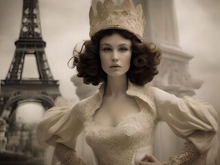 Female Model with Frizzy Hair Wearing a Dress and a Crown, with Arms on Her Waist and the Eiffel Tower in the Background Conceptual Portrait