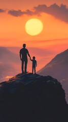 Fototapeta premium Silhouette of a father and son holding hands on top of a mountain at sunset, with mountains in the background