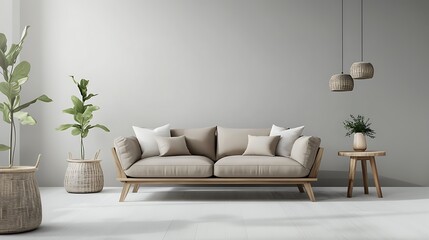 A Scandinavian-inspired living room featuring a soft taupe sofa, minimalist wooden furniture, and neutral-toned pillows.