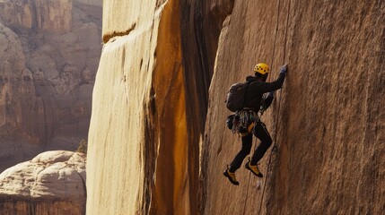 A climber ascends a rocky cliff, showcasing adventure and determination amidst a stunning natural backdrop.