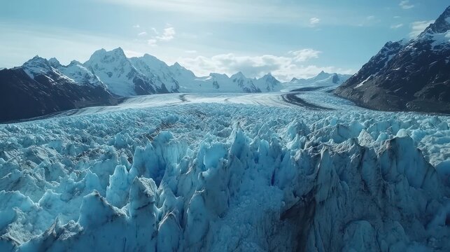 An aerial view of a glacier with snow-capped mountains in the background. - Powered by Adobe