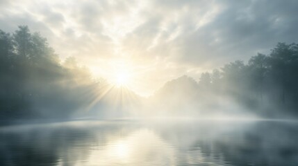 Misty Morning Sunlight Over a Tranquil Lake