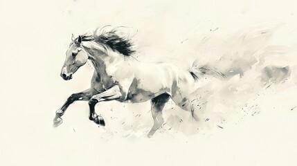 Obraz premium A monochrome drawing of a galloping horse on a white background with a splash of color in the foreground
