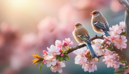 Fototapeta premium natural background with birds sitting on branches with pink Apple blossoms in the spring may Sunny garden
