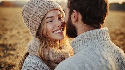 Fototapeta premium Couple Embracing in a Cozy Autumn Field at Sunset