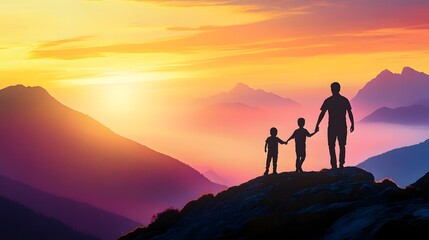 Obraz premium Silhouette of a father and son holding hands on top of a mountain at sunset, with mountains in the background