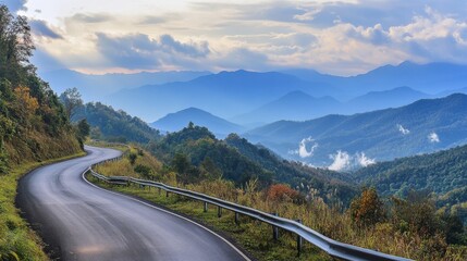 Naklejka premium The scenic drive up the winding roads to the Doi Inthanon National Park, with mountains and waterfalls along the way.