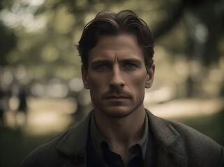 Masculine Mid-Adult Man Wearing a Suit and Shirt, Looking at the Camera in the Forest, Portrait