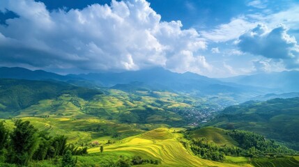 The scenic view from the Mon Cham viewpoint, overlooking terraced farms and rolling hills.