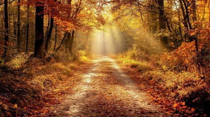 Obraz premium Sunbeams Illuminate a Path Through an Autumn Forest