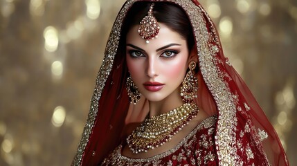 A richly designed Indian bridal dress in deep red with golden accents, paired with elaborate jewelry in rubies and pearls.