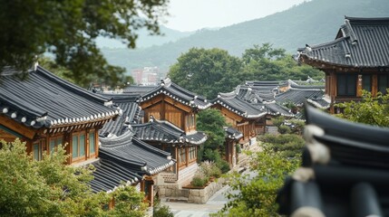 Obraz premium The serene beauty of Namsangol Hanok Village, showcasing traditional Korean houses and cultural performances.