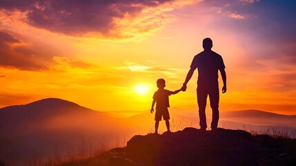 Silhouette of a father and son holding hands on top of a mountain at sunset, with mountains in the background