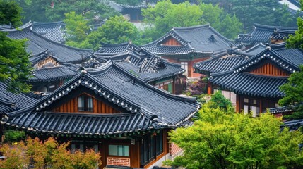 Naklejka premium The serene beauty of Namsangol Hanok Village, showcasing traditional Korean houses and cultural performances.