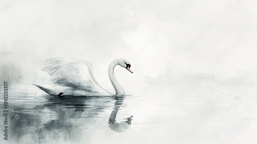 Sticker   A monochrome image depicts a swan gliding on a water surface, spreading its wings wide, with its mirrored reflection in the water