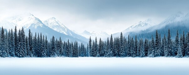 Obraz premium Snow-laden pine trees surrounding a frozen lake, distant peaks and cloudy skies, deep depth of field, capturing the stillness of winter, Winter is coming.