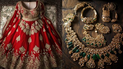 An opulent red bridal lehenga adorned with gold embroidery, surrounded by traditional bridal jewelry in gold and emerald.
