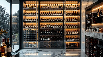 Elegant glass wine cellar, contemporary design with glass walls and metal racks, ambient lighting highlighting the wine collection, modern home with marble floors, minimalist aesthetic,