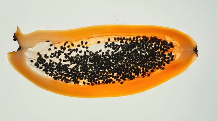   A close-up of a papaya with black seeds on both top and bottom