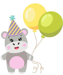 Happy birthday cute hippo holding balloons