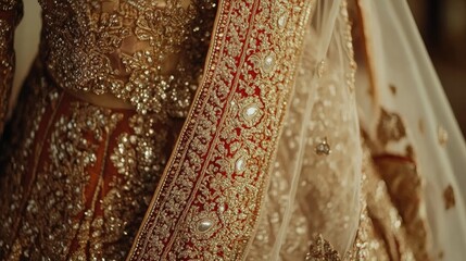 Obraz premium Close-up of a luxurious Indian bridal dress, showcasing intricate gold embroidery and vibrant silk fabric, adorned with sparkling accessories.