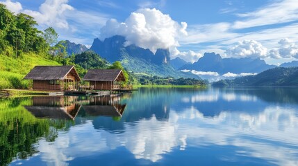 Fototapeta premium The stunning mirror-like surface of Huay Tung Tao Lake, reflecting the surrounding mountains and bamboo huts.
