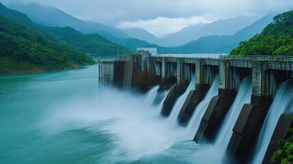 Fototapeta premium The stunning Pak Mun Dam, with water cascading over the dam and lush mountains in the background.