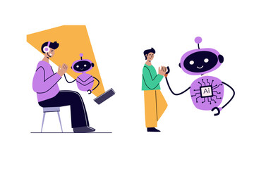 Artificial intelligence concept with people and robots. Flat vector illustration. Person using ai technology for work. Collaboration with ai robotic program. Artificial intelligence tool for analysis 