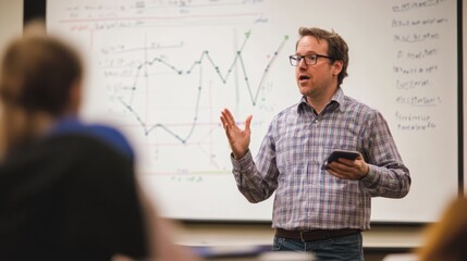 Mathematics professor conducting a lecture on probability theory with visual aids, equations, and graphs